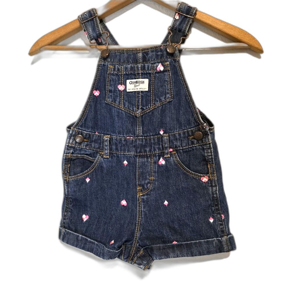 OshKosh Bgosh Denim Short Overalls Embroidered Pink Hearts & Diamonds 24M